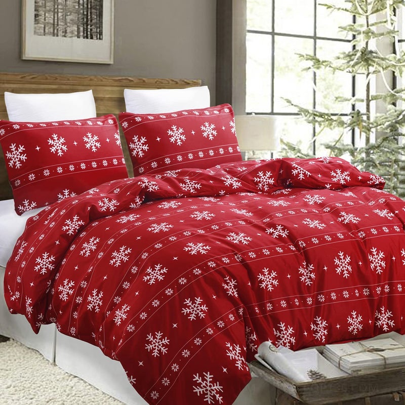 Vaulia Soft Microfiber Christmas Bedding Duvet Cover Set, Snowflake Pattern Design for Holidays, Red Color - Queen Size (1 Duvet Cover and 2 Pillow Shams) - Image 1